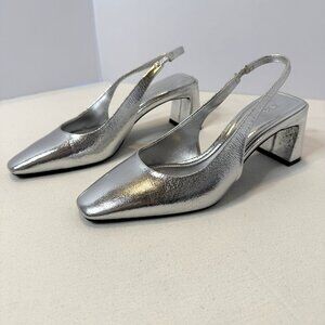 Zara Silver Slingback Square Toe Heels Size 36‎ US 6 Block Heel Metallic